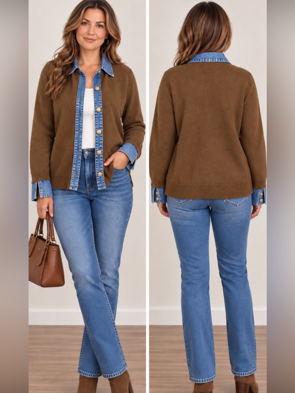 NWT brown knit cardigan sweater with denim accents & gold tone buttons .